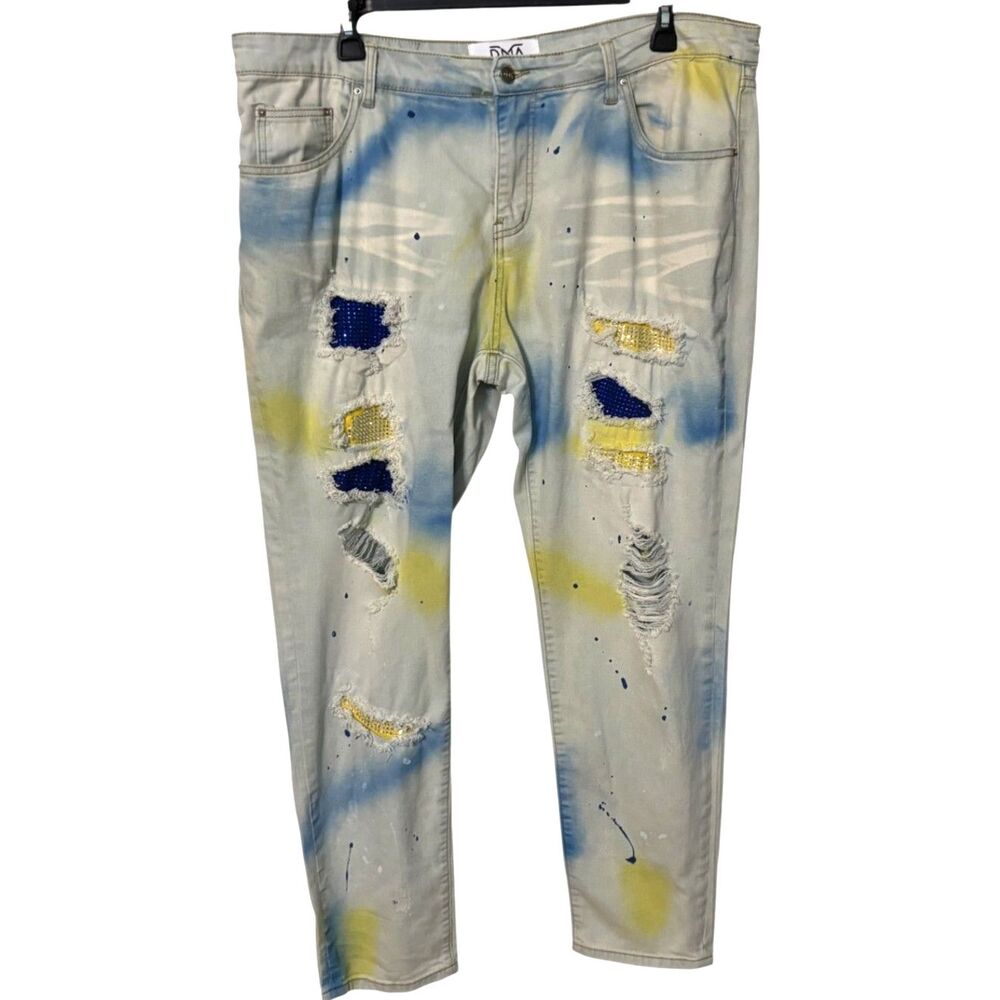 DNA Premium Wear Distressed Paint Splatter Rhinestone Jeans Sz 38